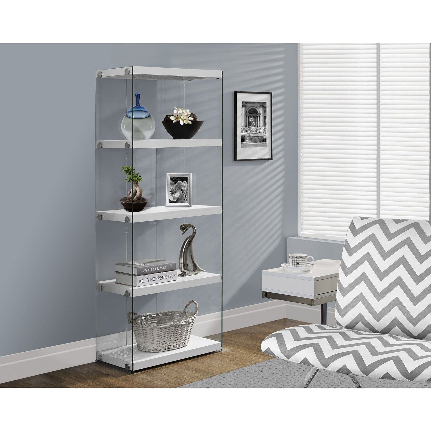 Candace & Basil Bookcase - 60"H / Glossy White With Tempered Glass