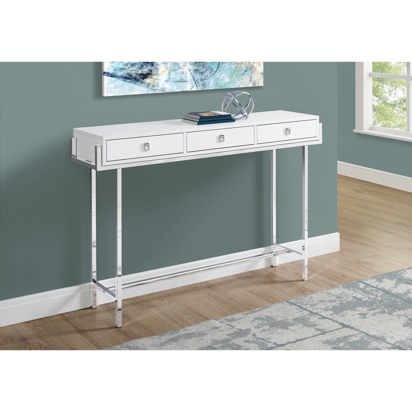 Console Table - 48"L / Glossy White / Chrome Metal