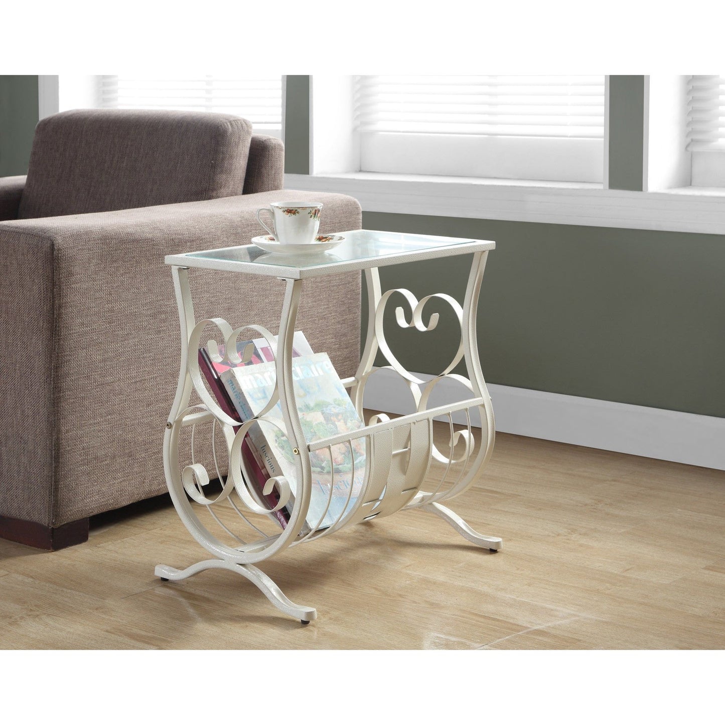 Candace & Basil Accent Table - Antique White Metal With Tempered Glass