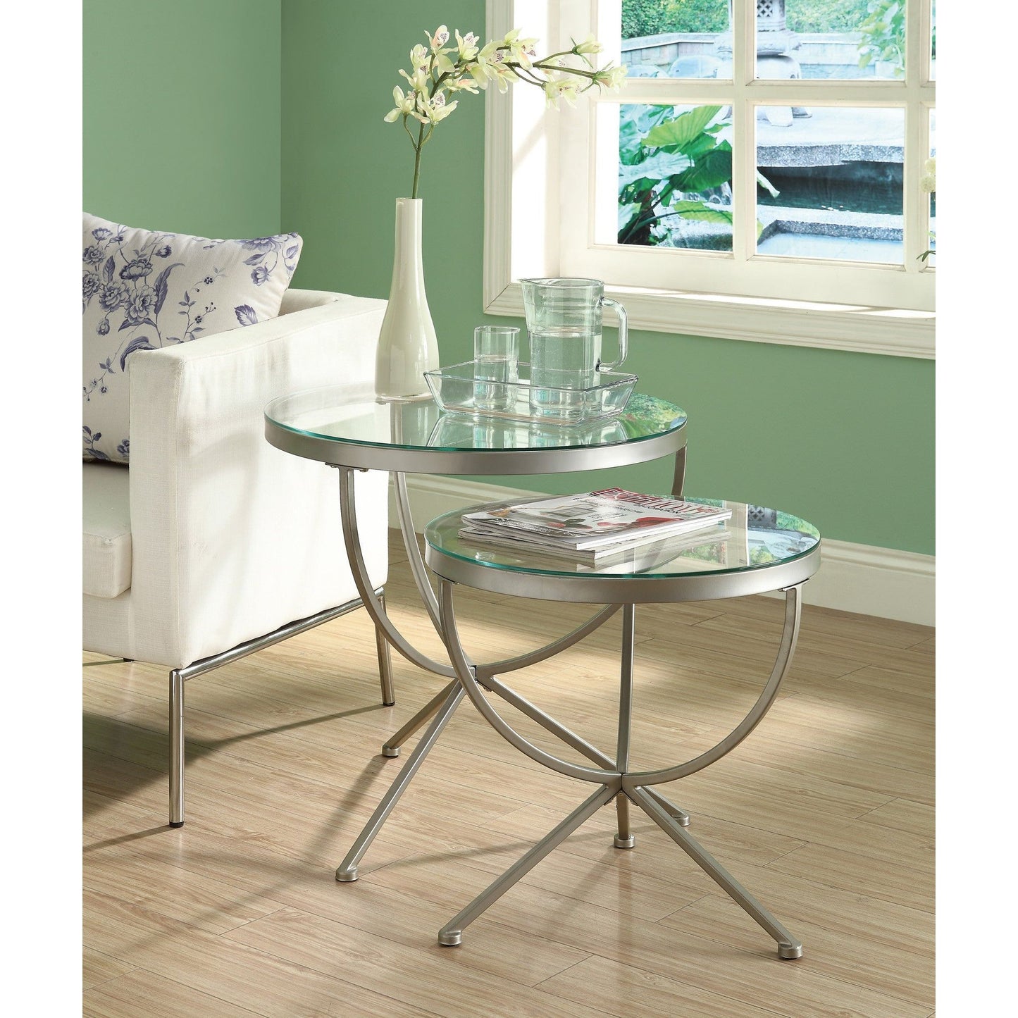 Candace & Basil Nesting Table - 2PC Set / Silver With Tempered Glass