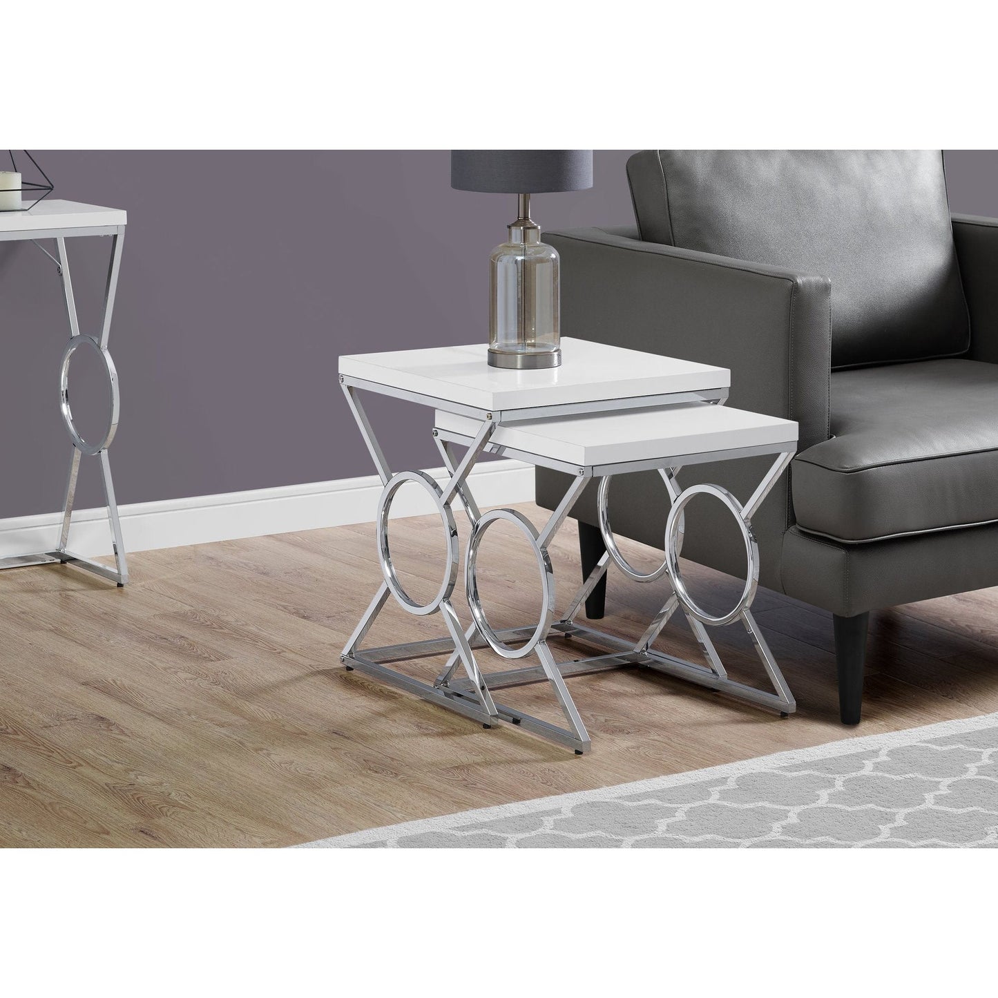 Nesting Table - 2PCs Set / Glossy White / Chrome Metal