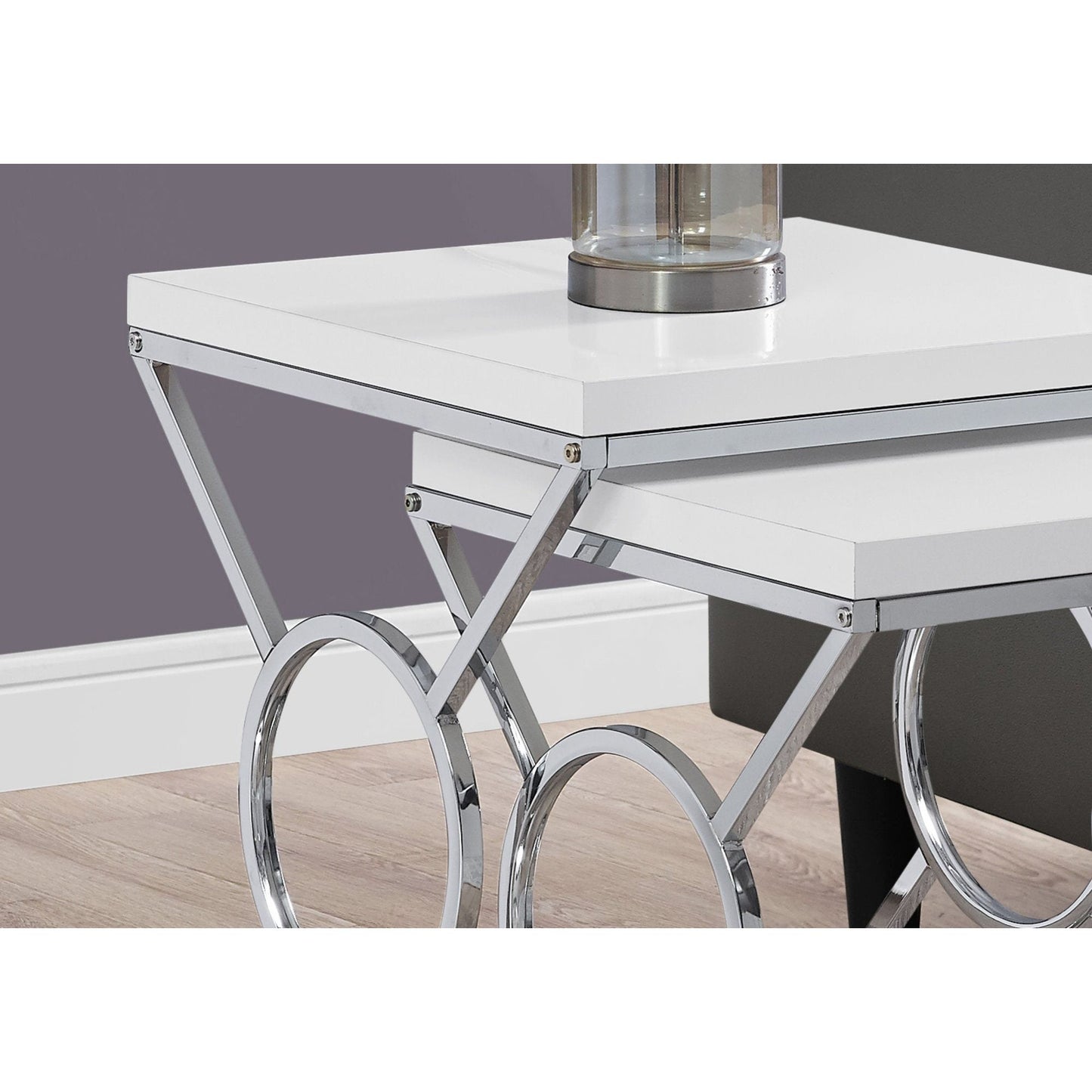 Nesting Table - 2PCs Set / Glossy White / Chrome Metal