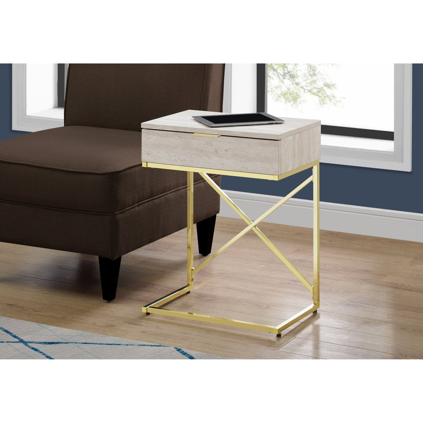 Accent Table - 24"H / Beige Marble / Gold Metal