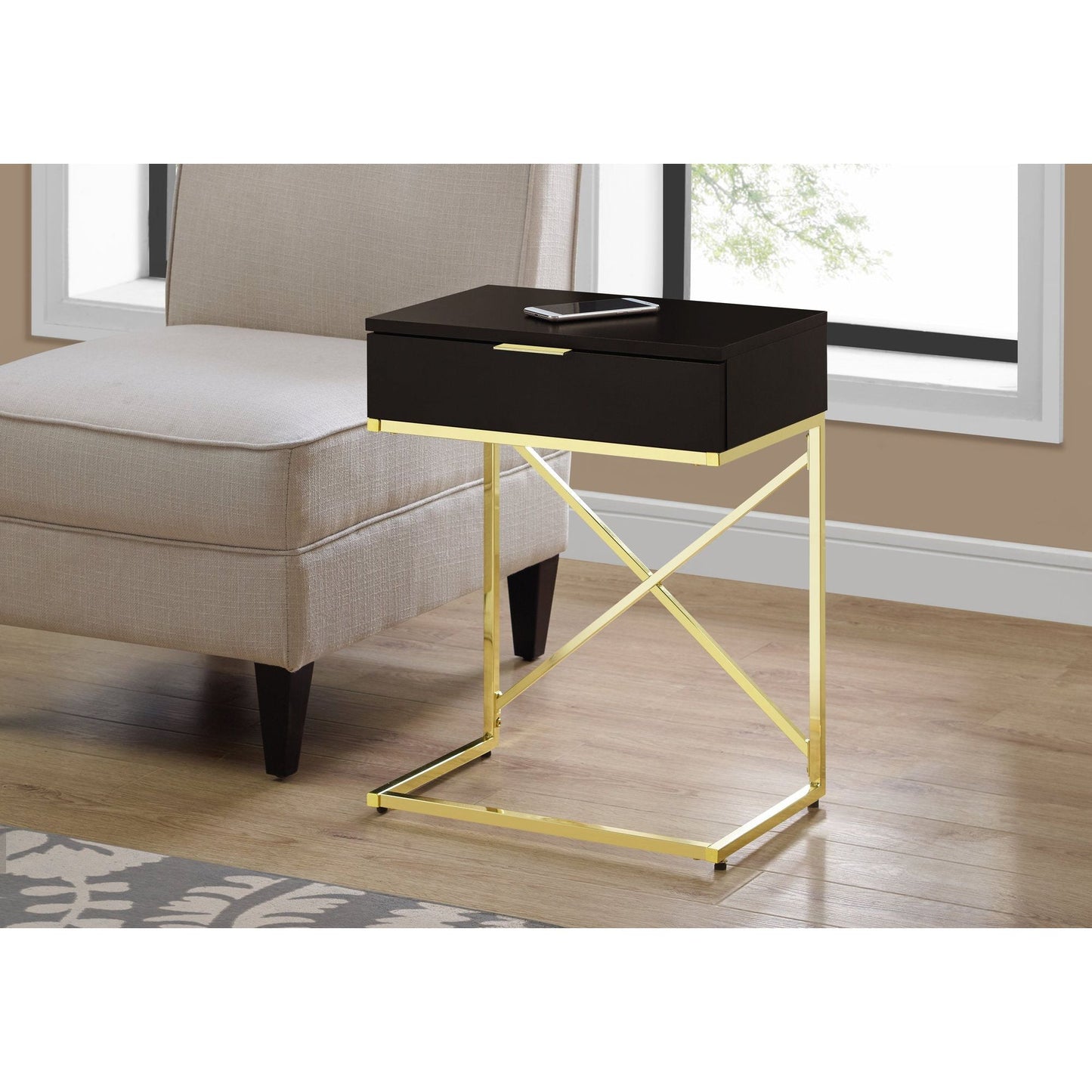 Accent Table - 24"H / Cappuccino / Gold Metal