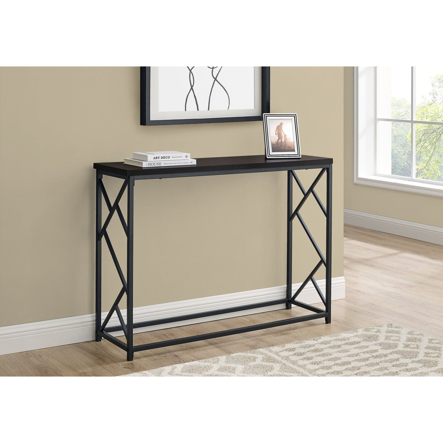 Accent Table - 44"L / Espresso / Black Metal Hall Console