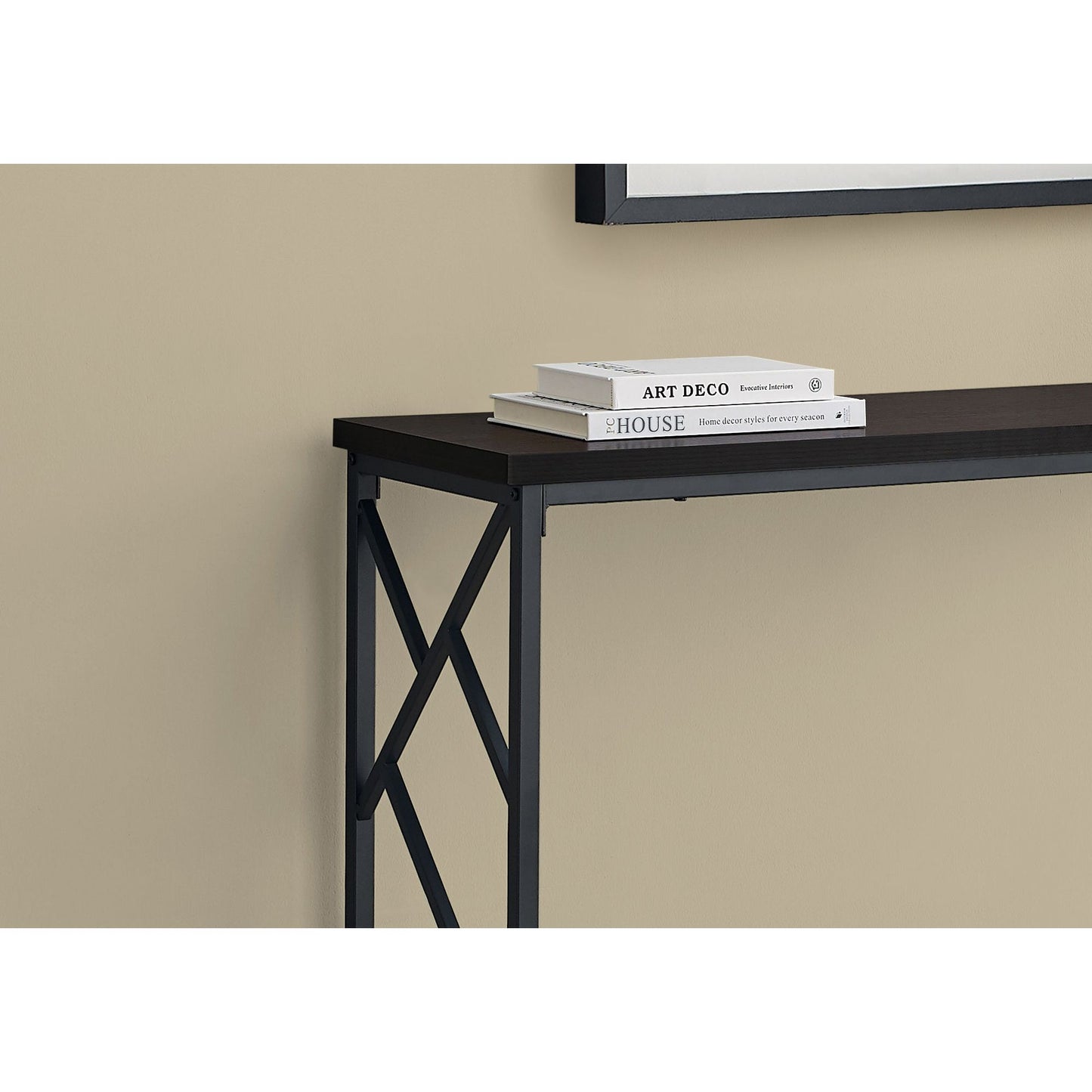 Accent Table - 44"L / Espresso / Black Metal Hall Console