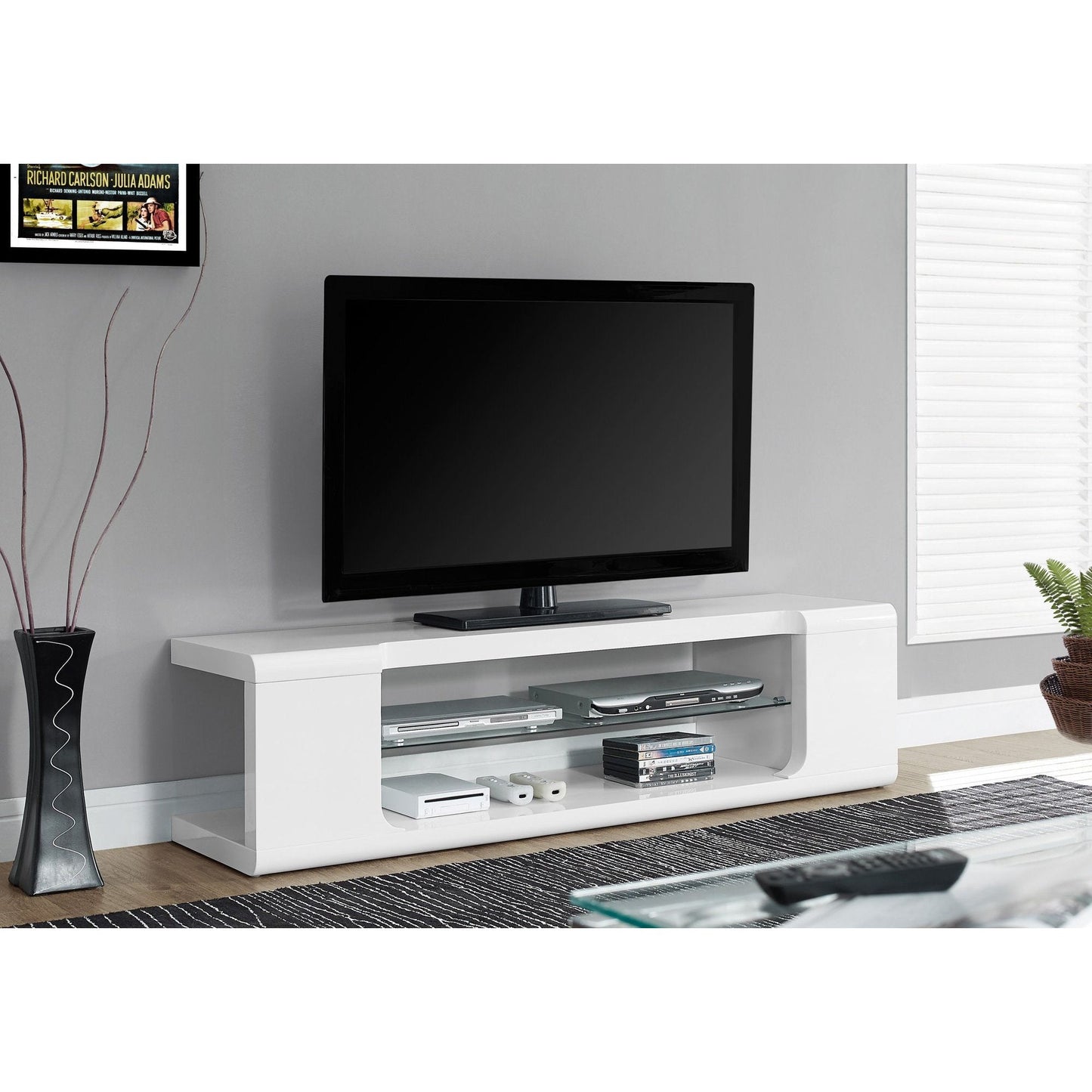 Candace & Basil TV Stand - 60"L / High Glossy White With Tempered Glass