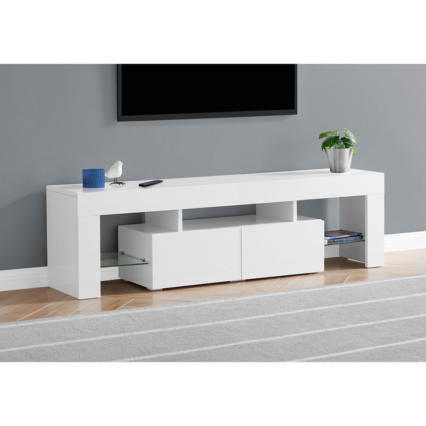 Tv Stand - 63"L / High Glossy White With Tempered Glass