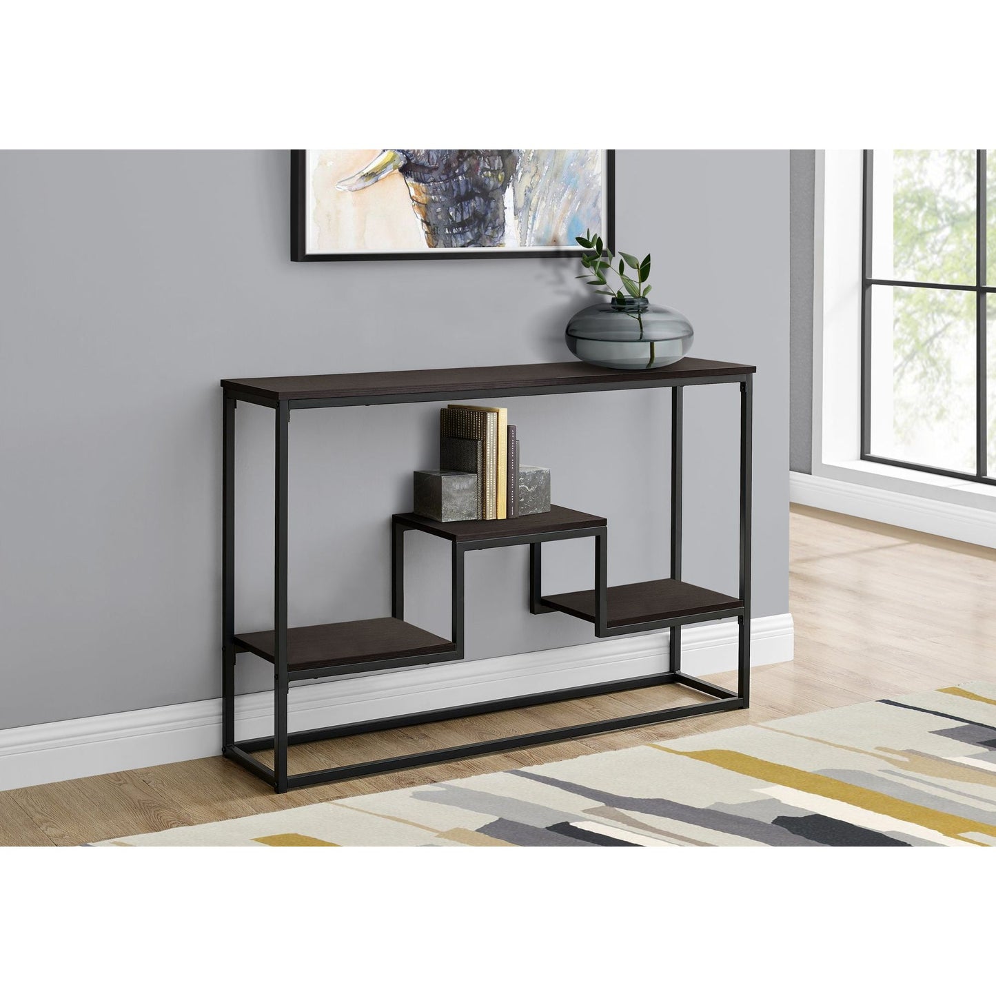 Accent Table - 48"L / Espresso / Black Metal Hall Console