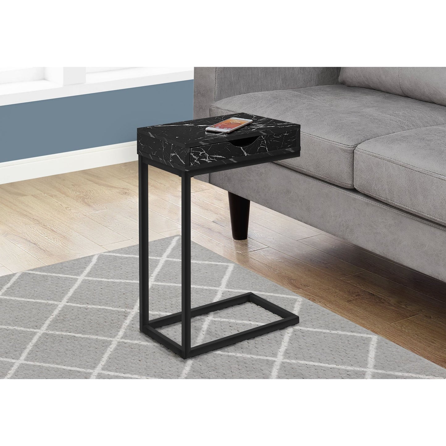 Accent Table - Black Marble / Black Metal With A Drawer