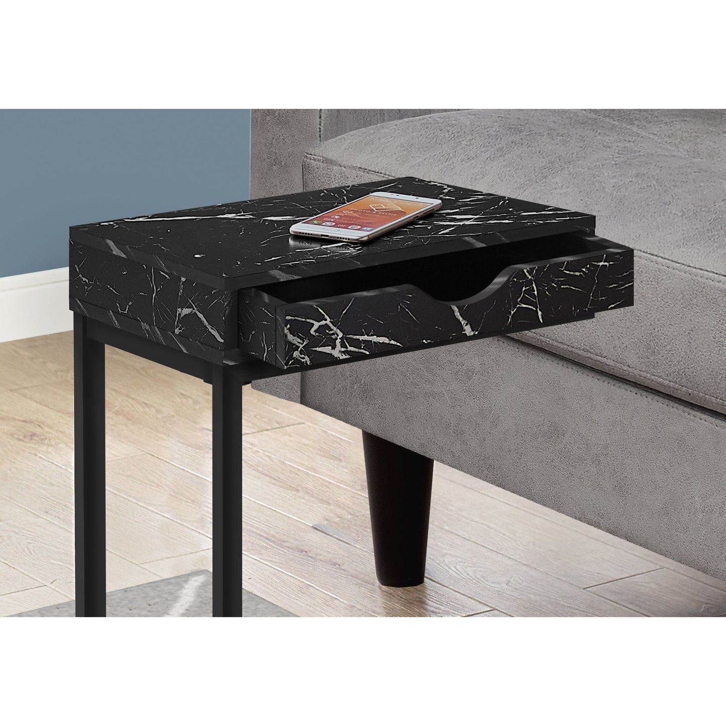 Accent Table - Black Marble / Black Metal With A Drawer