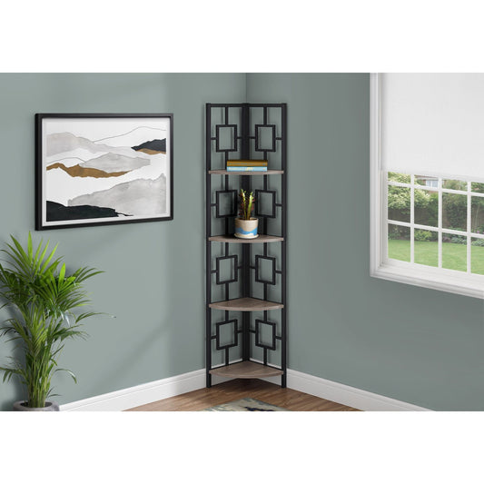 Bookcase - 62"H / Dark Taupe / Black Metal Corner Etagere