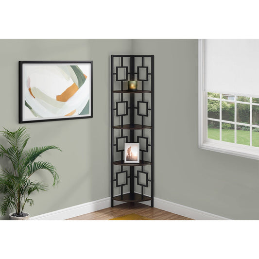 Bookcase - 62"H / Espresso / Black Metal Corner Etagere