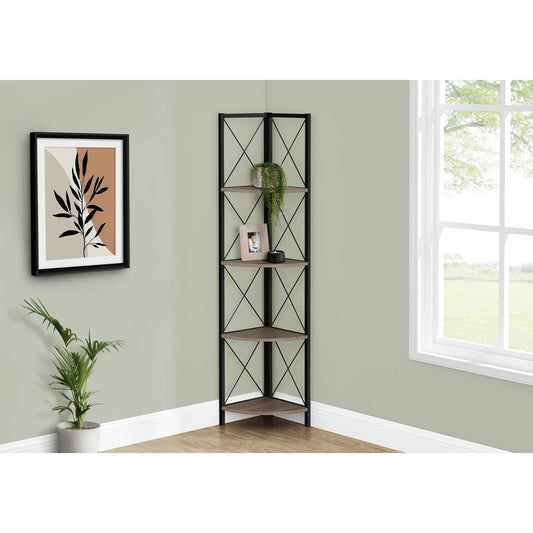 Bookcase - 60"H / Dark Taupe / Black Metal Corner Etagere