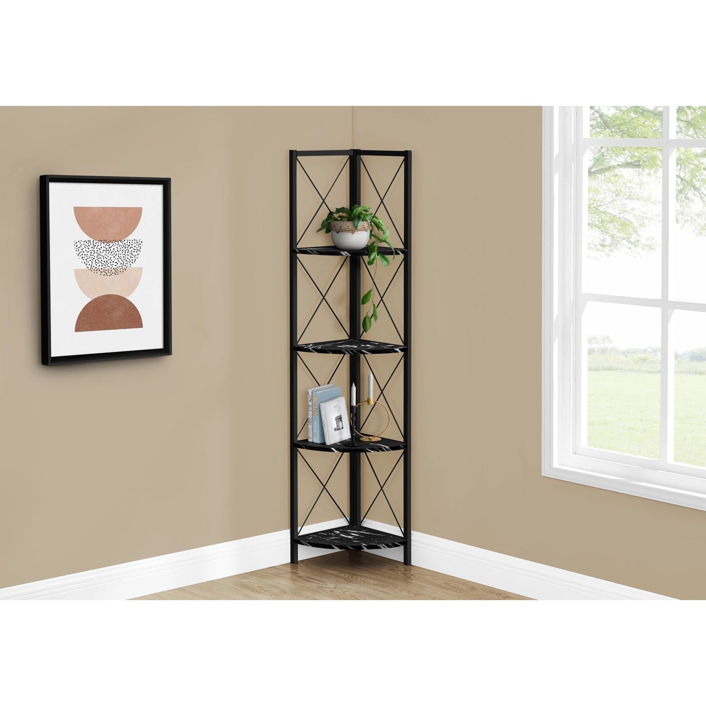 Bookcase - 60"H / Black Marble / Black Metal Corner