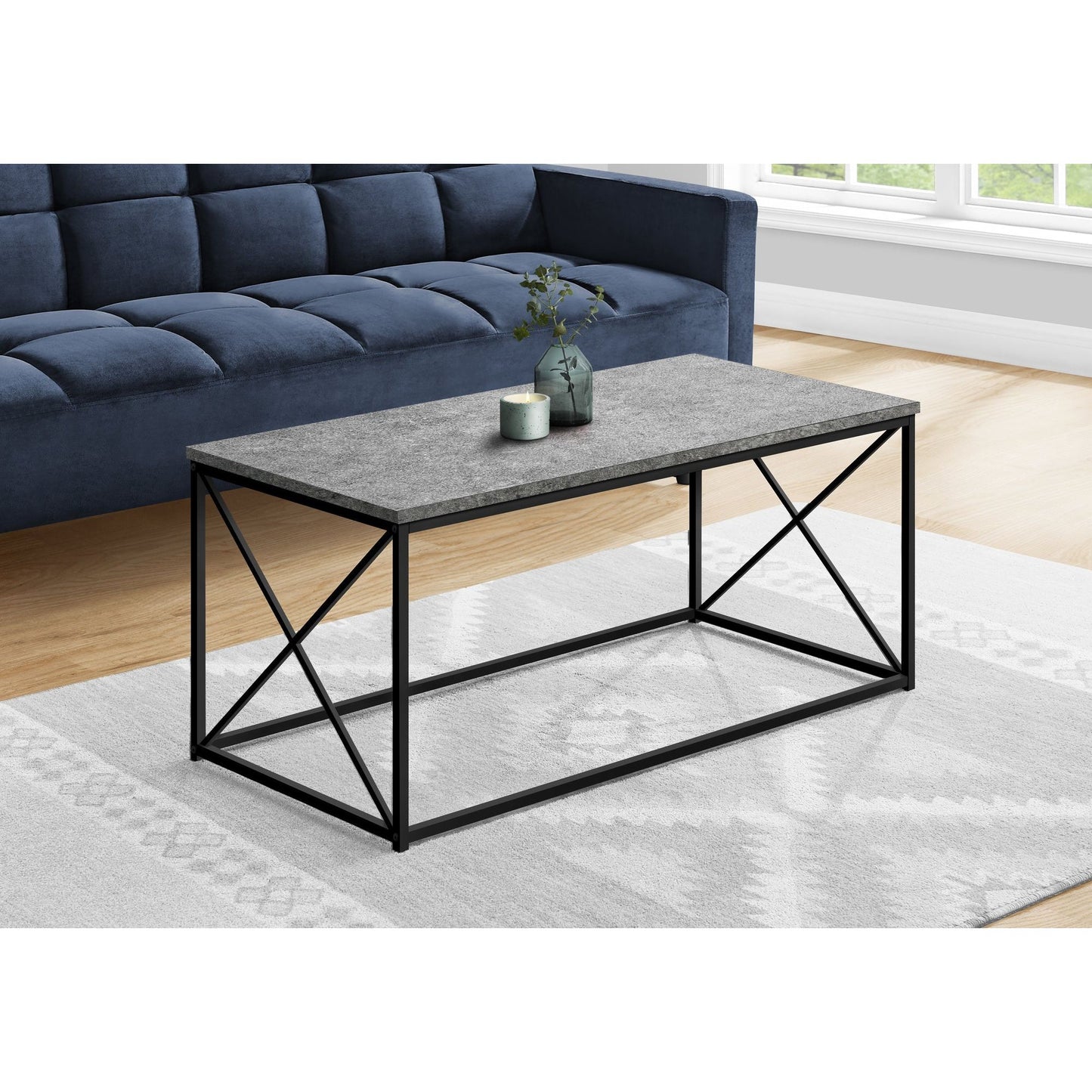 Coffee Table - 40"L / Grey Stone-Look / Black Metal