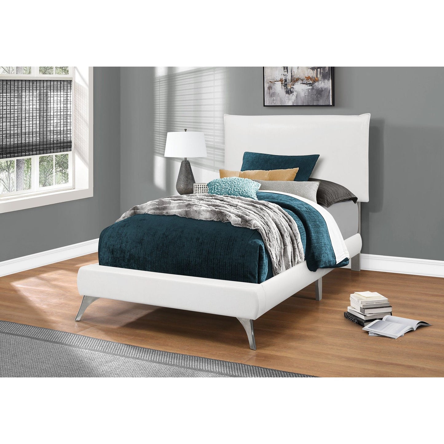 Bed - Twin Size / White Leather-Look With Chrome Legs