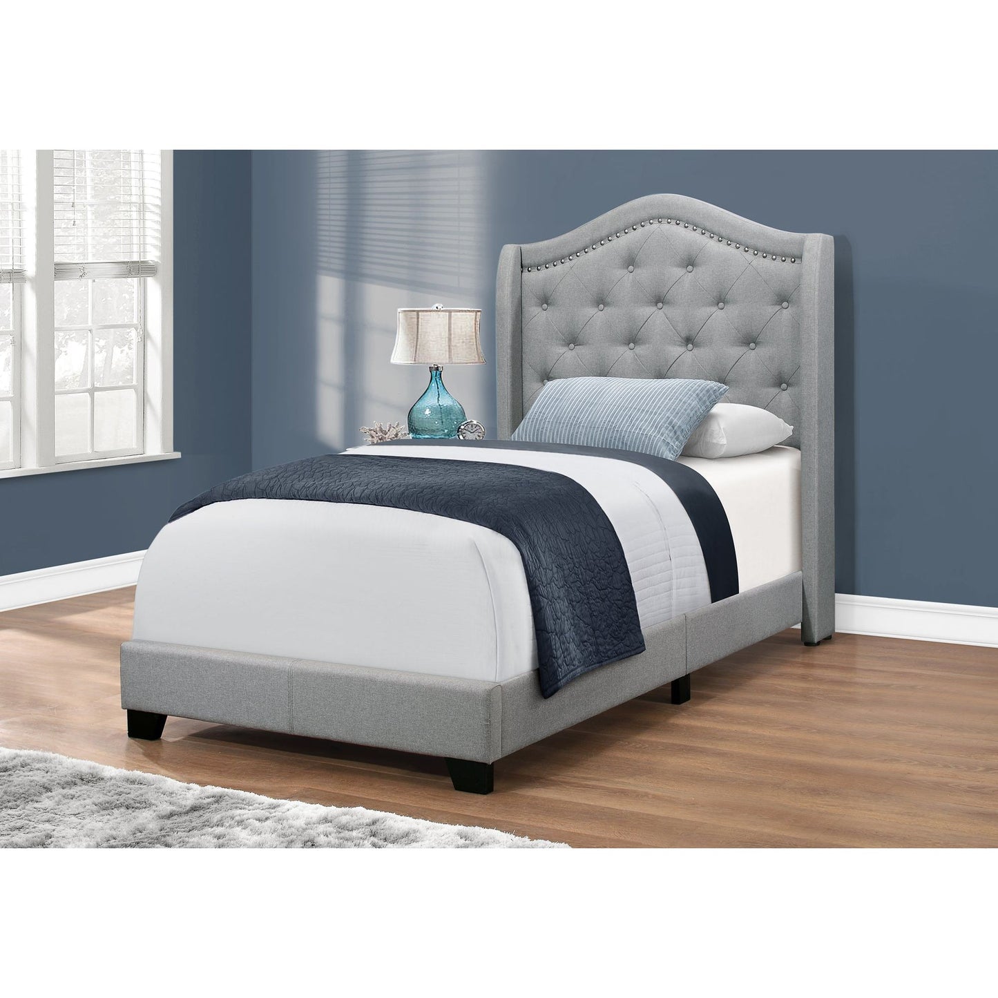 Bed - Twin Size / Grey Linen With Chrome Trim