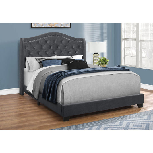 Bed - Queen Size / Dark Grey Velvet With Chrome Trim