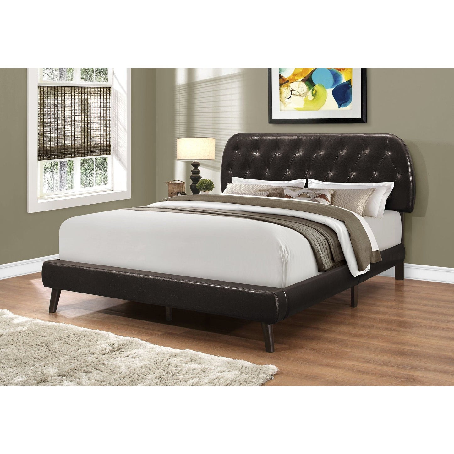 Bed - Queen Size / Brown Leather-Look With Wood Legs