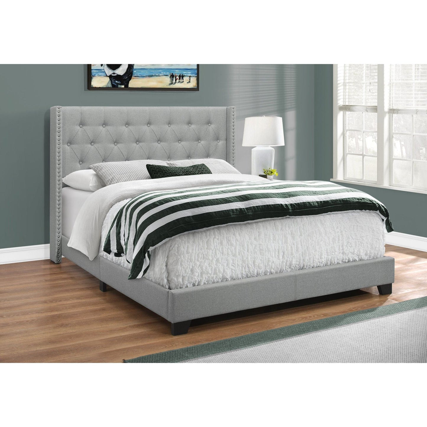 Bed - Queen Size / Grey Linen With Chrome Trim