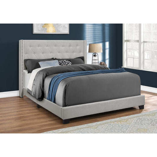 Bed - Queen Size / Light Grey Velvet With Chrome Trim