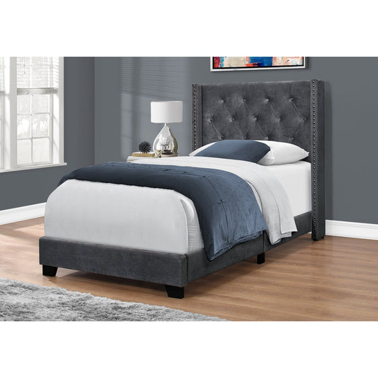 Bed - Twin Size / Dark Grey Velvet With Chrome Trim