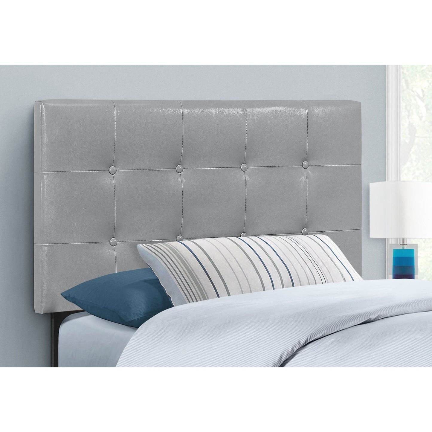 Bed - Twin Size / Grey Leather-Look Headboard Only