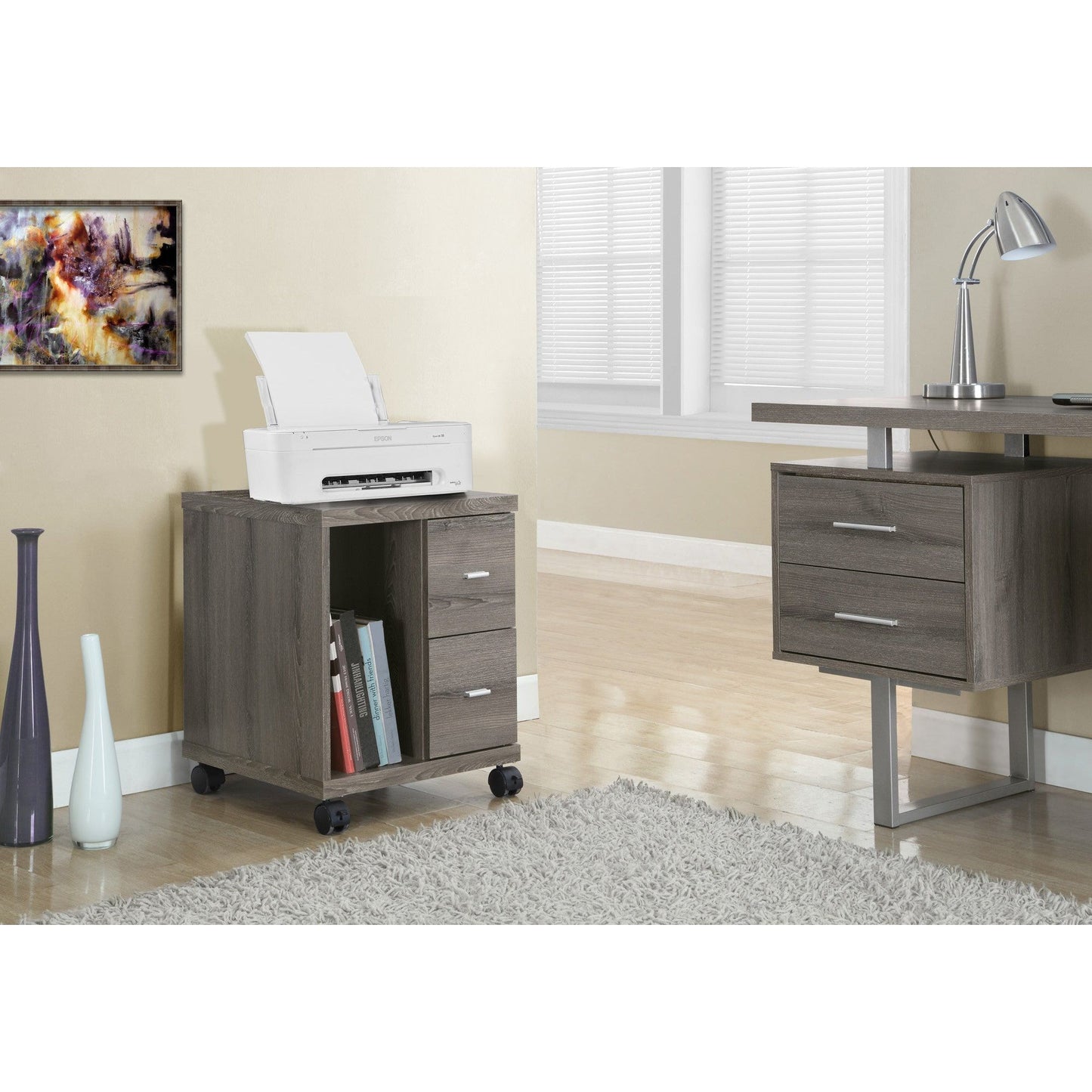 Office Cabinet - Dark Taupe With 2 Drawers On Castors