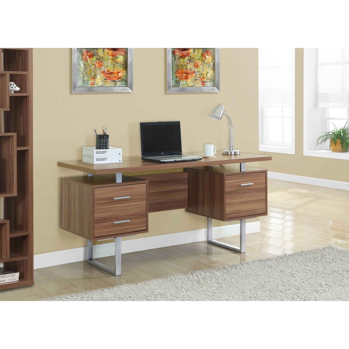 Candace & Basil Computer Desk - 60"L / Walnut / Silver Metal