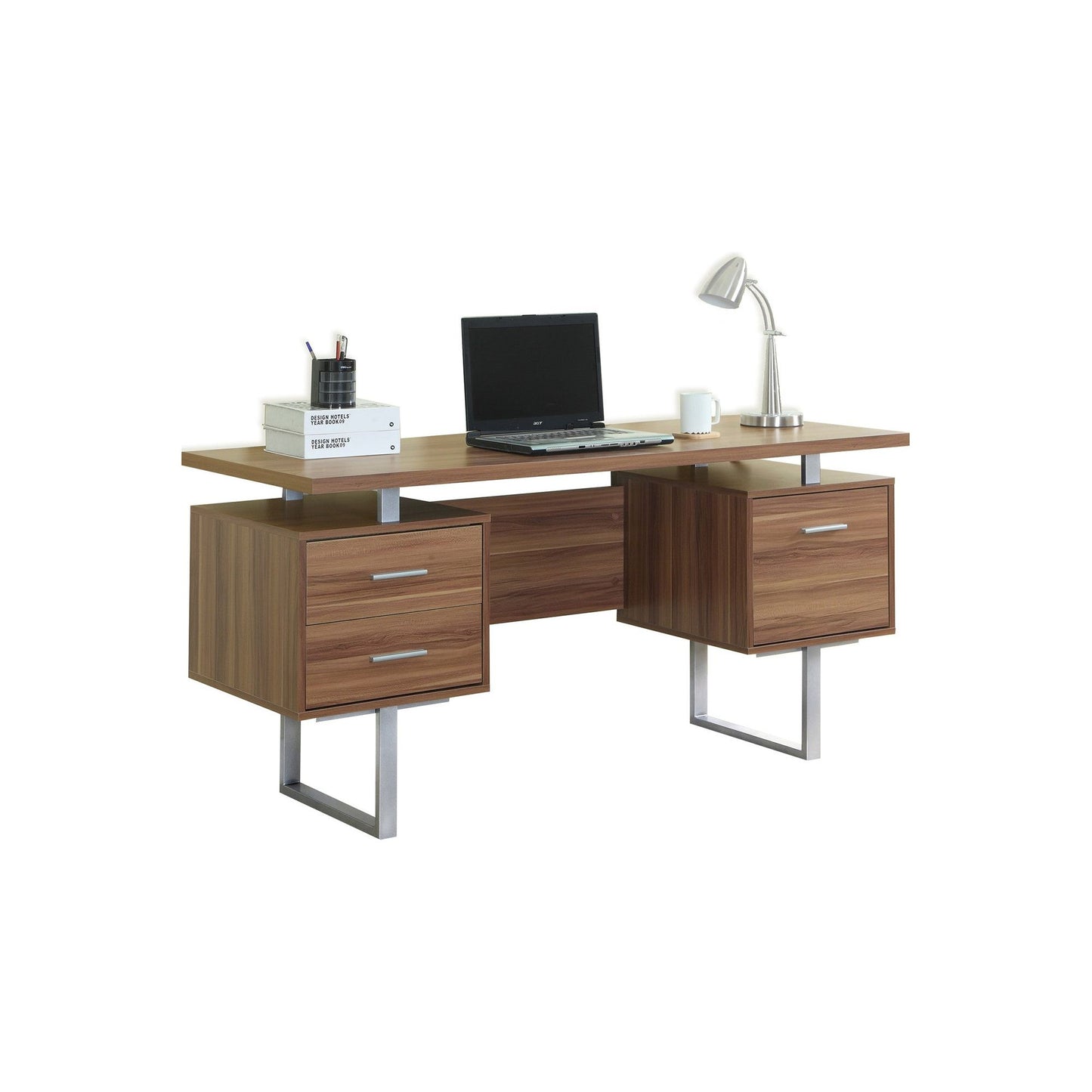 Computer Desk - 60"L / Walnut / Silver Metal