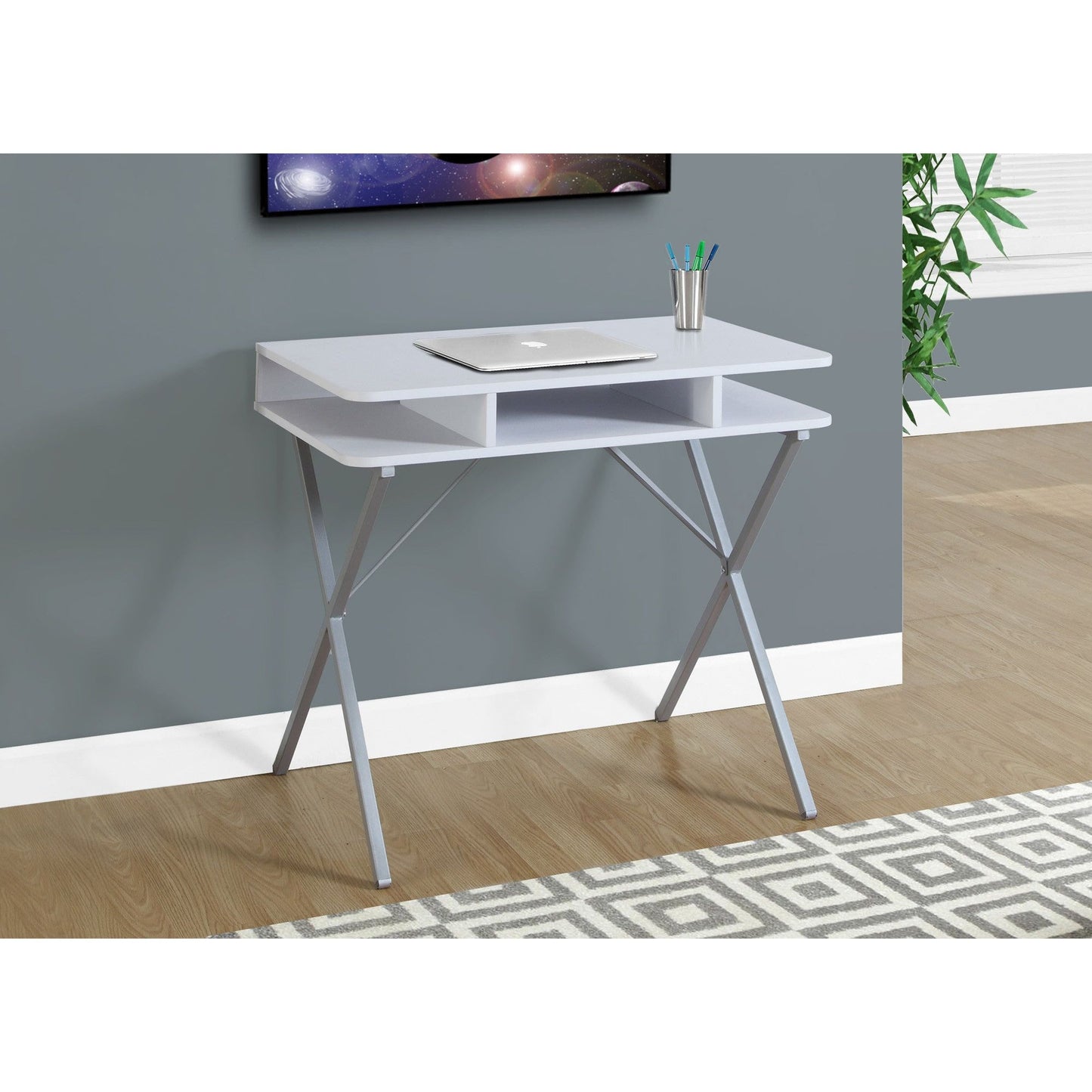 Candace & Basil Computer Desk - 31"L / White Top / Silver Metal