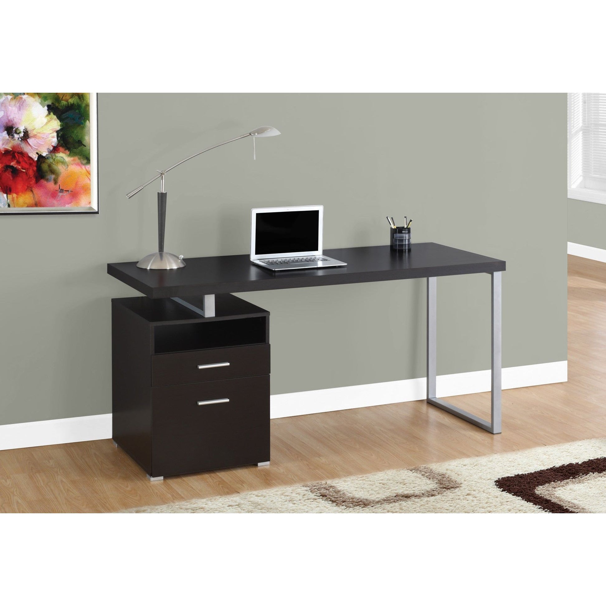 Candace & Basil Computer Desk - 60"L / Cappuccino / Silver Metal