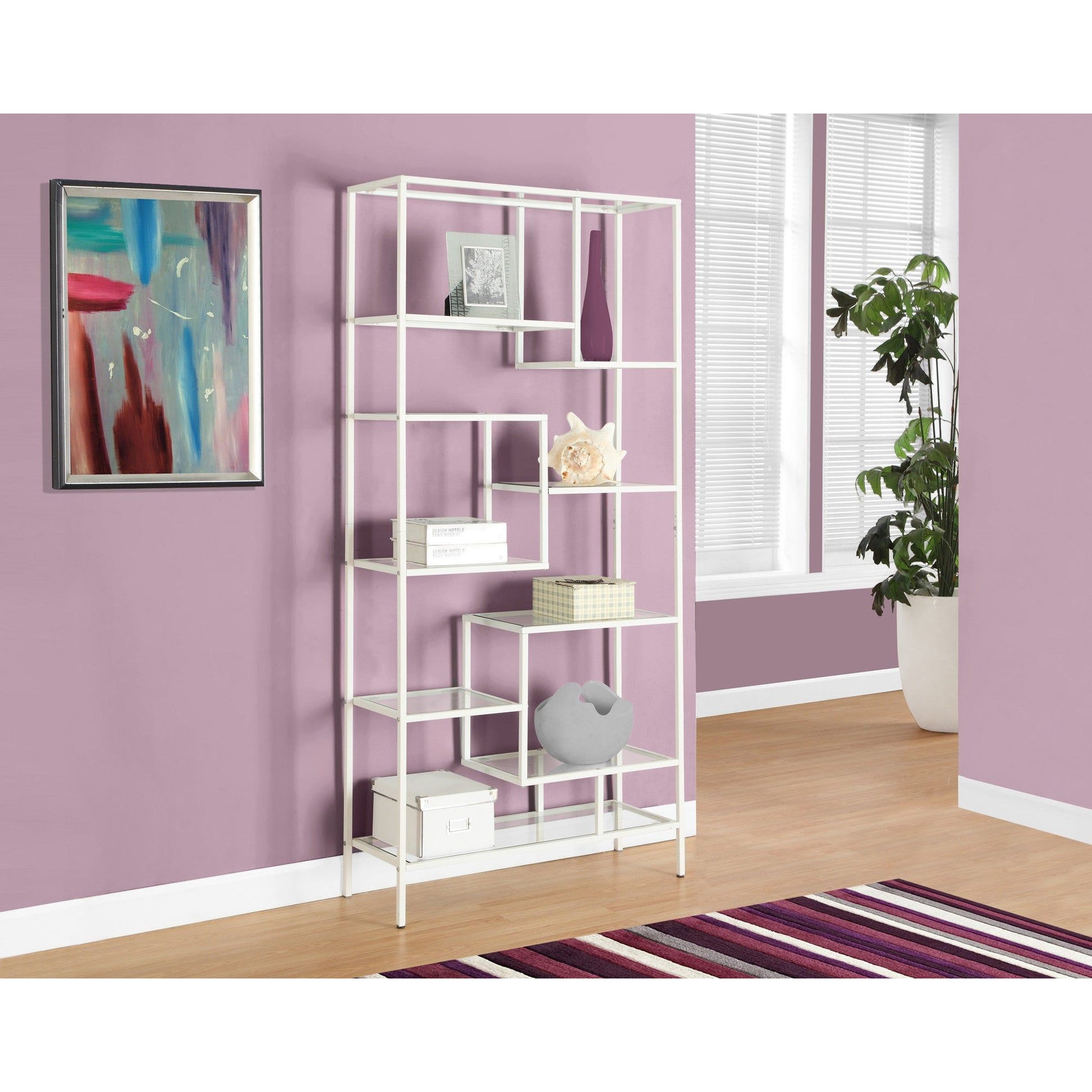 Candace & Basil Bookcase - 72"H / White Metal With Tempered Glass