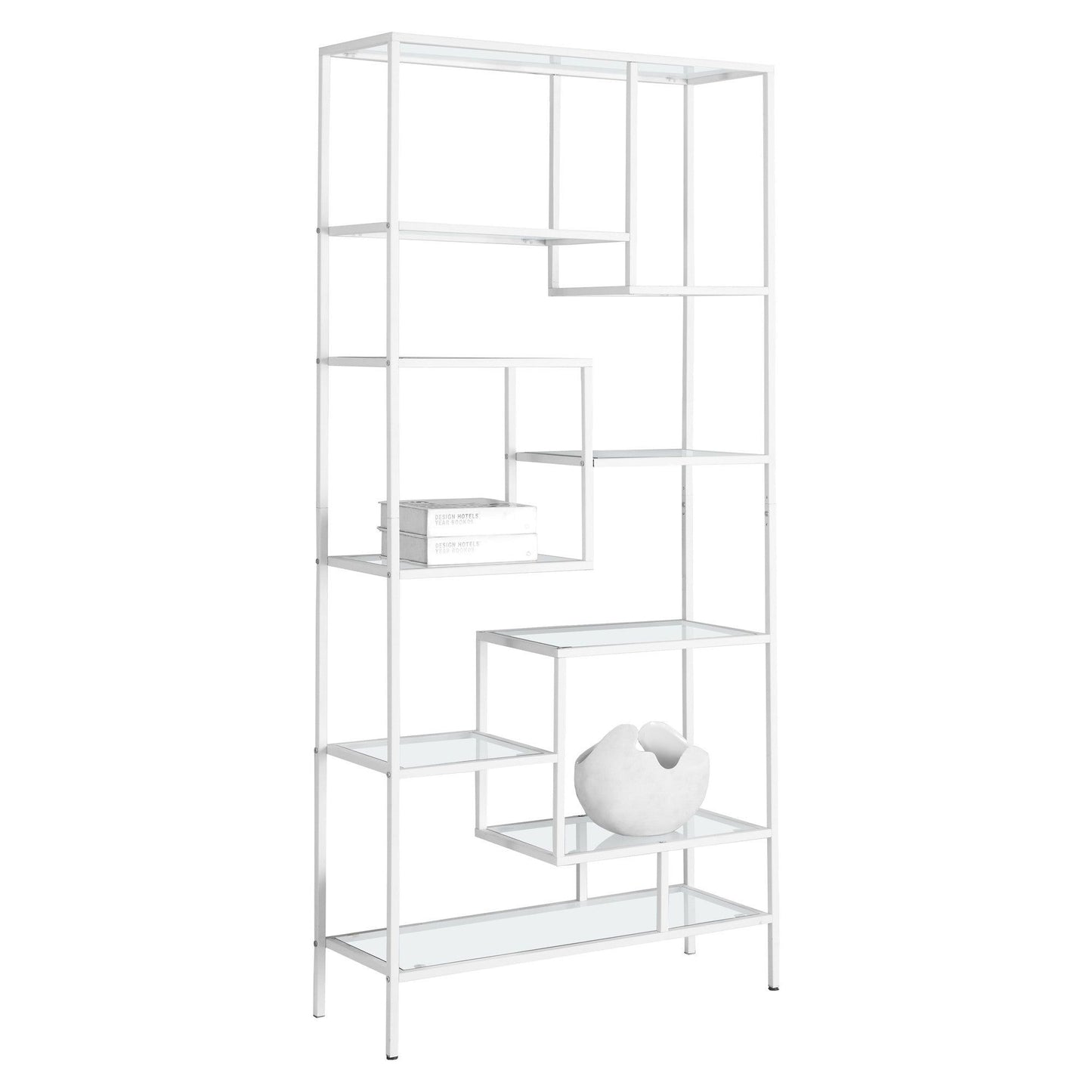 Bookcase - 72"H / White Metal With Tempered Glass