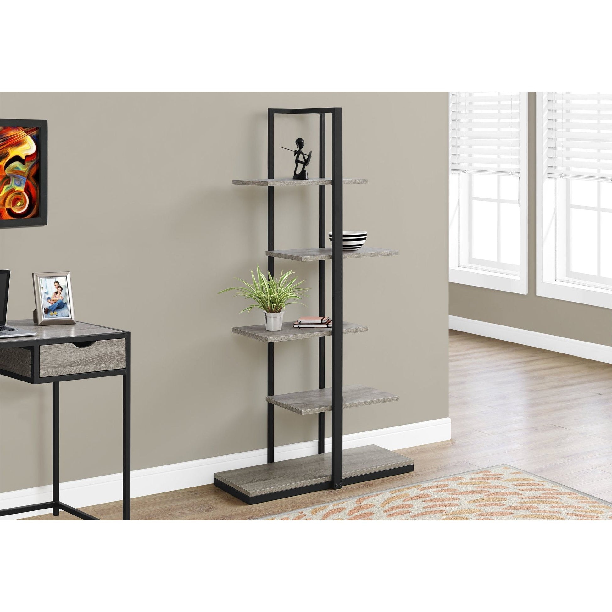 Candace & Basil Bookcase - 60"H / Dark Taupe / Black Metal