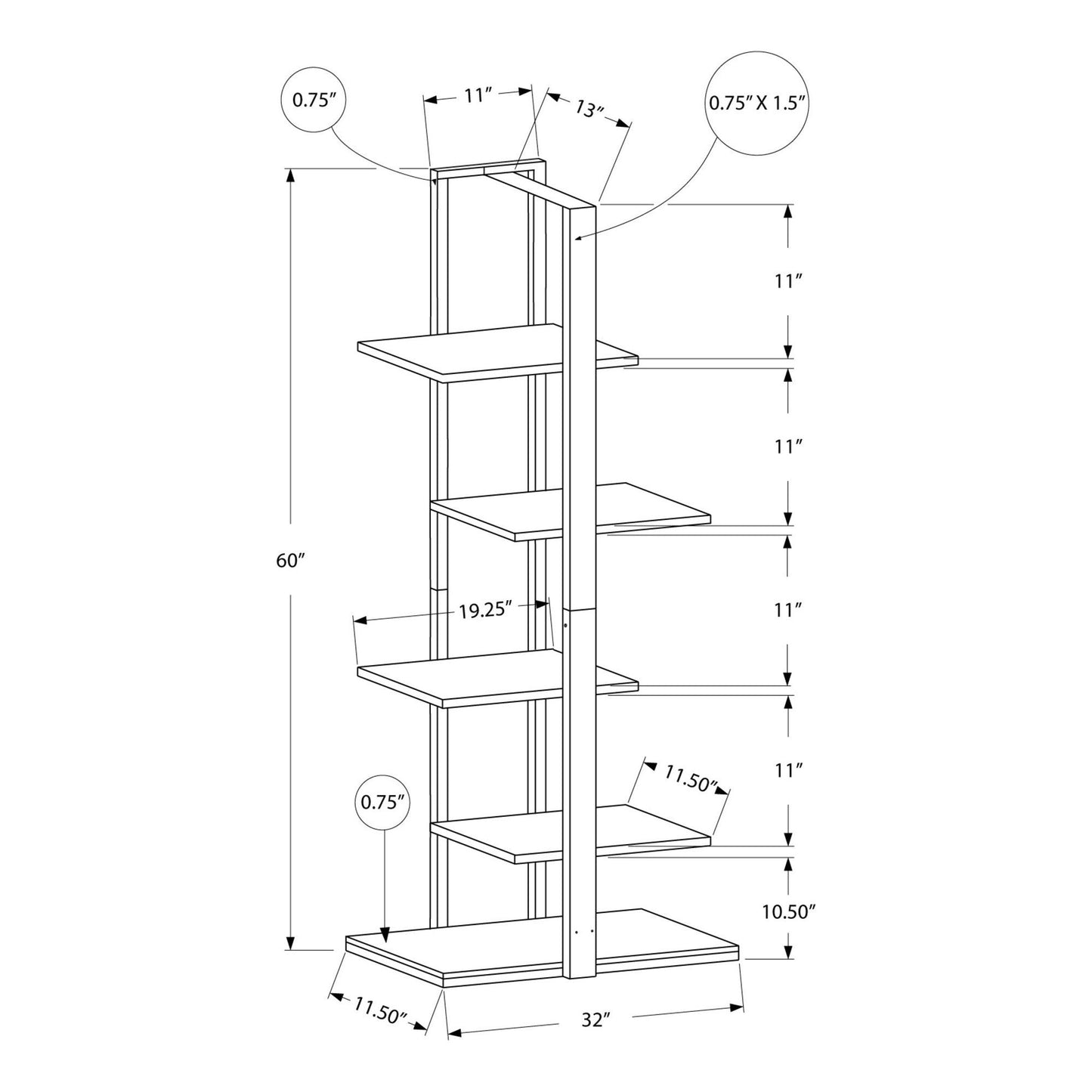 Bookcase - 60"H / Dark Taupe / Black Metal