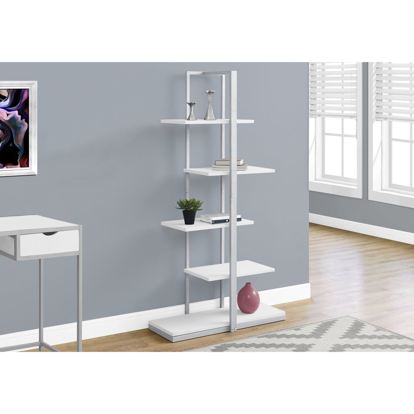 Candace & Basil Bookcase - 60"H / White / Silver Metal