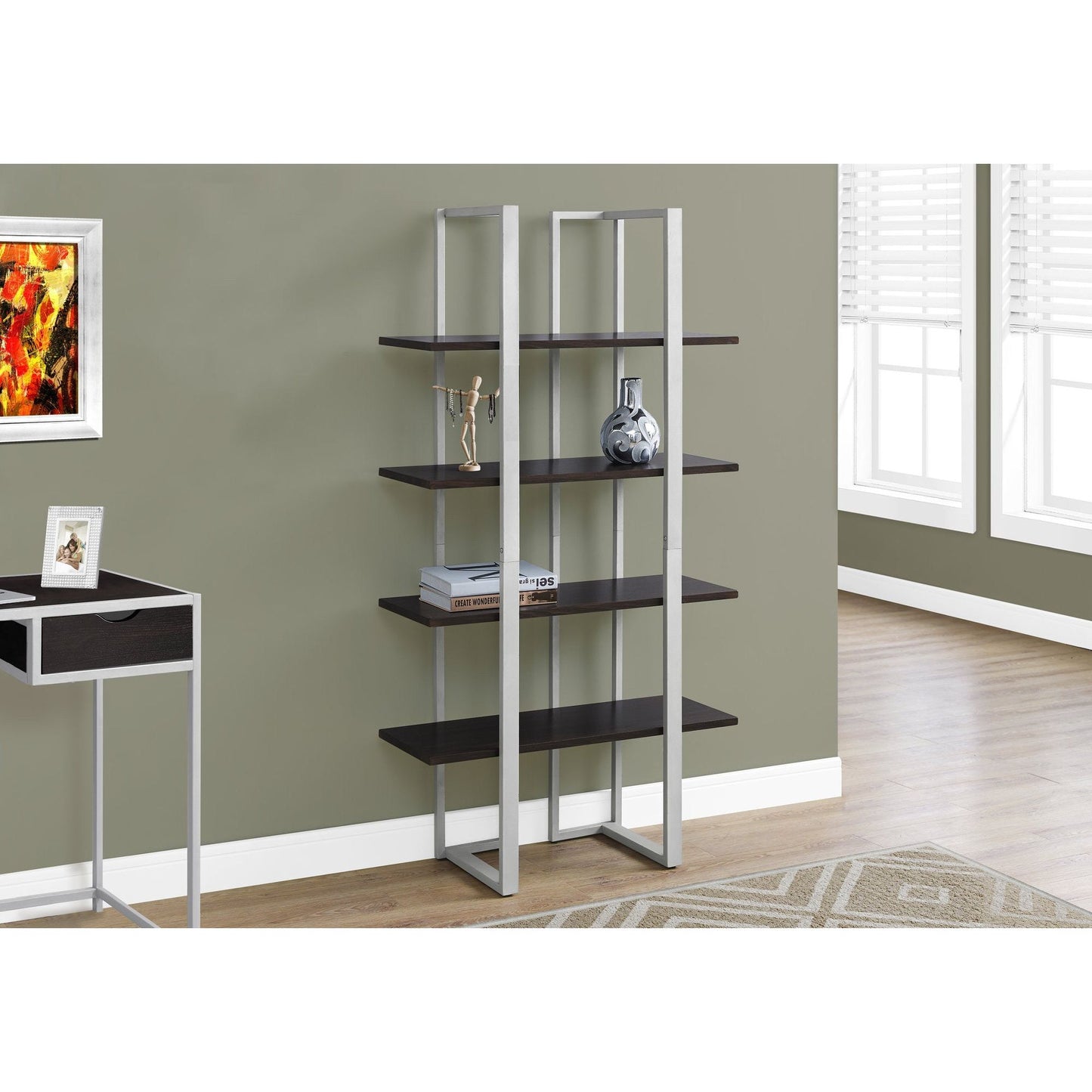 Candace & Basil Bookcase - 60"H / Cappuccino / Silver Metal