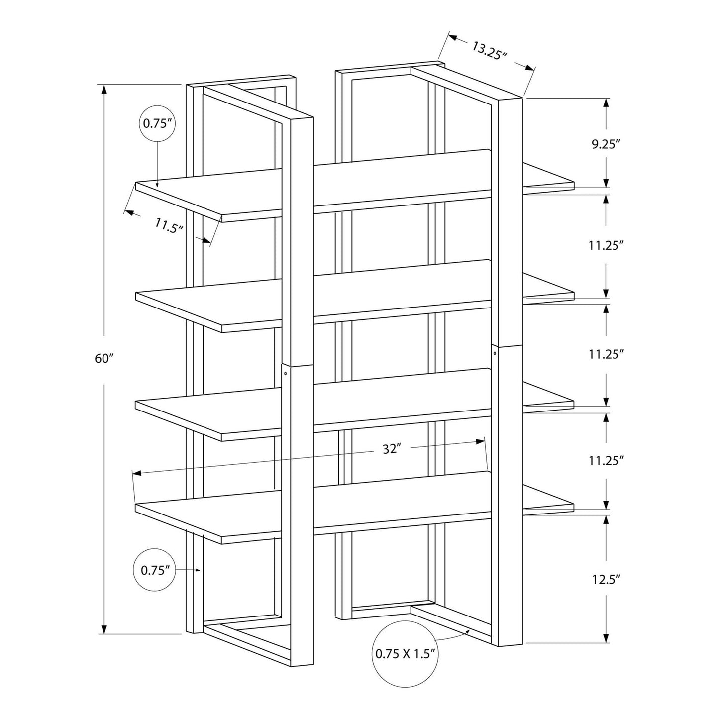 Bookcase - 60"H / Cappuccino / Silver Metal