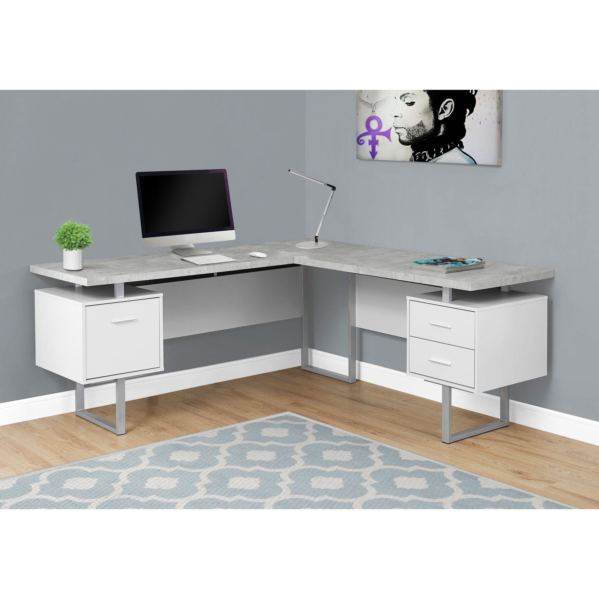 Candace & Basil Computer Desk - 70"L White / Cement-Look Left/Right Face