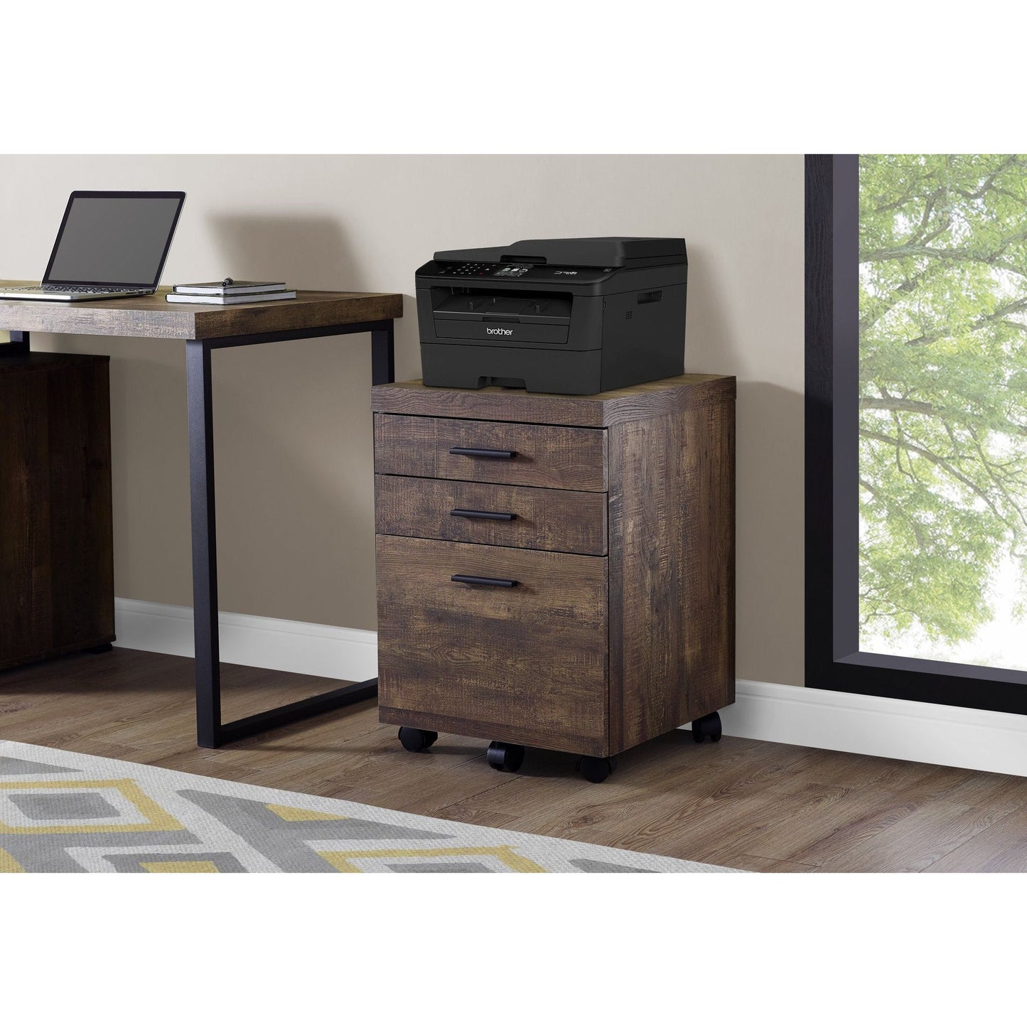 Filing Cabinet - 3 Drawer / Brown Wood Grain On Castors