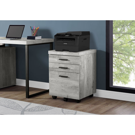 Filing Cabinet - 3 Drawer / Grey Wood Grain On Castors