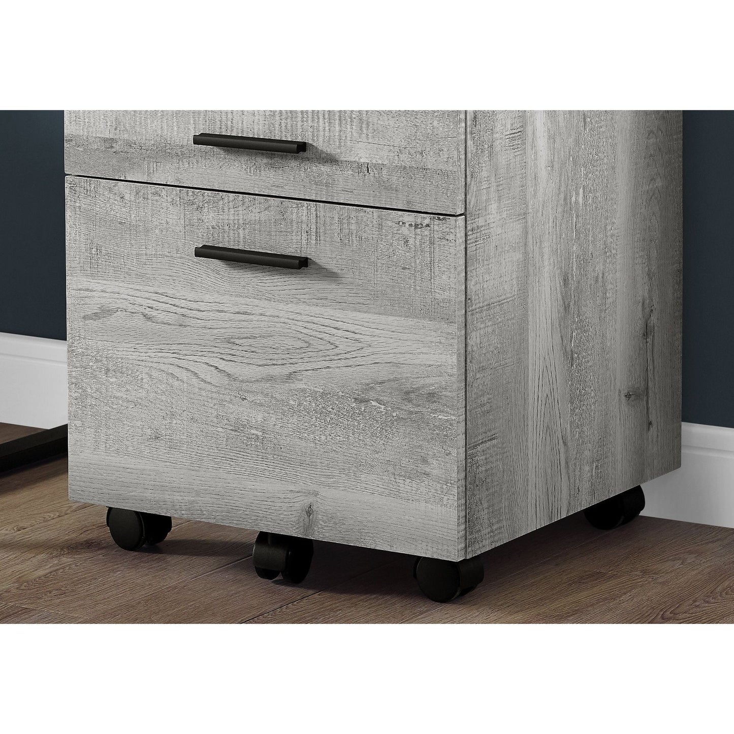 Filing Cabinet - 3 Drawer / Grey Wood Grain On Castors