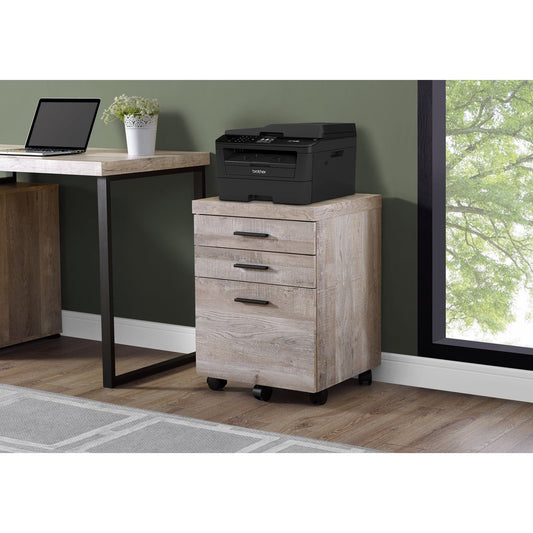 Filing Cabinet - 3 Drawer / Taupe Wood Grain On Castors