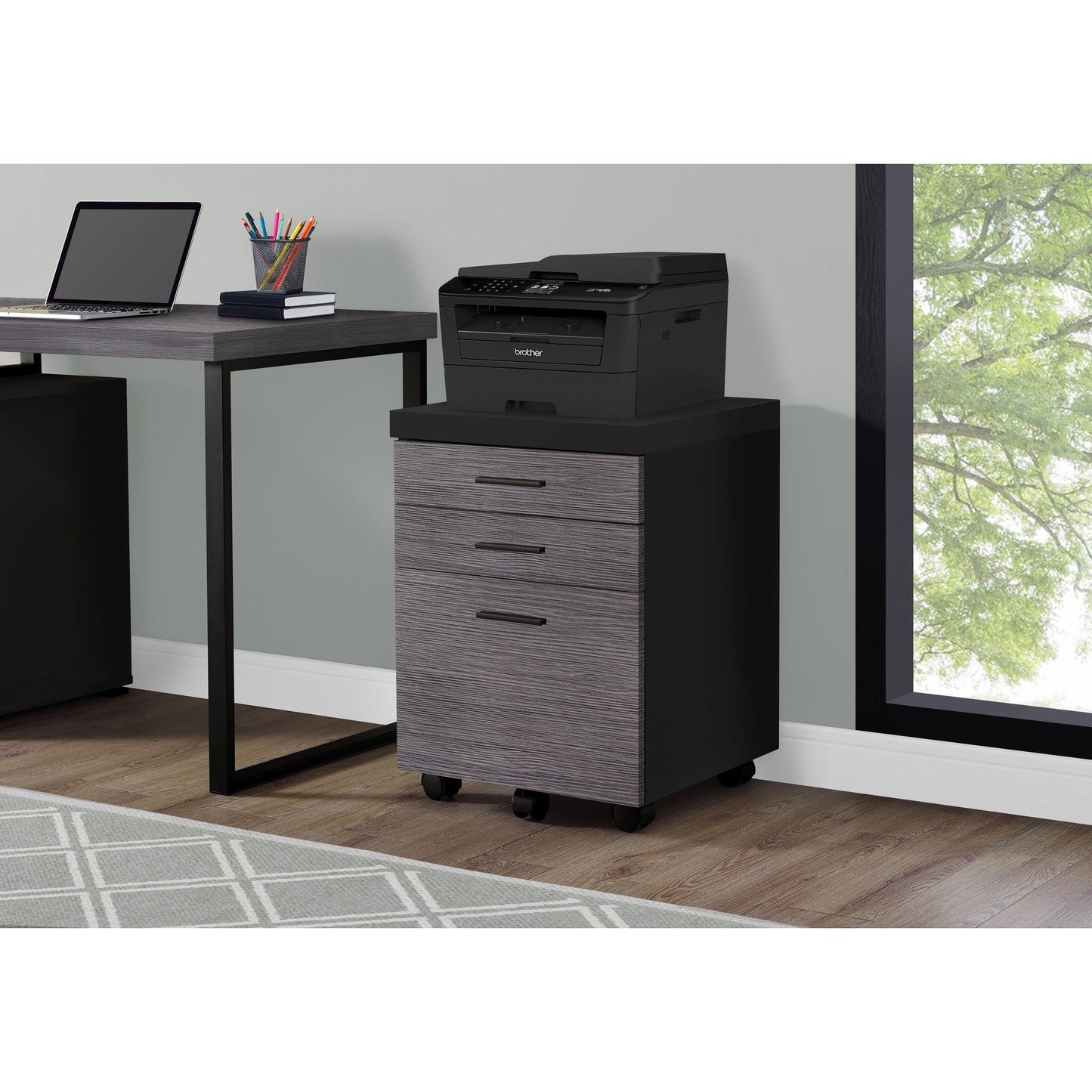 Filing Cabinet - 3 Drawer / Black / Grey On Castors