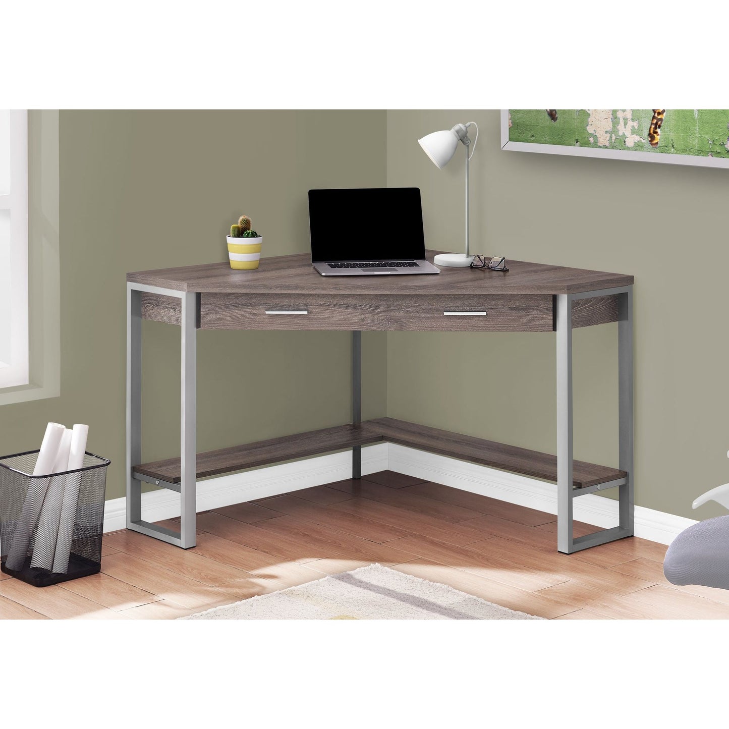 Computer Desk - 42"L / Dark Taupe Corner / Silver Metal