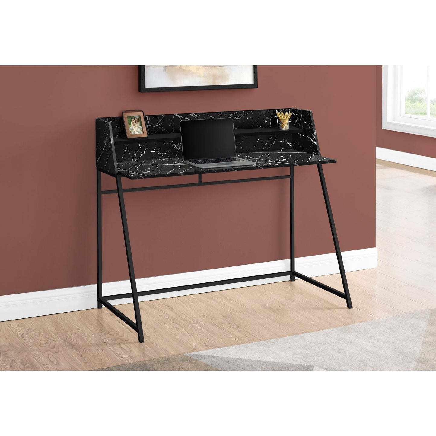 Computer Desk - 48"L / Black Marble-Look / Black Metal