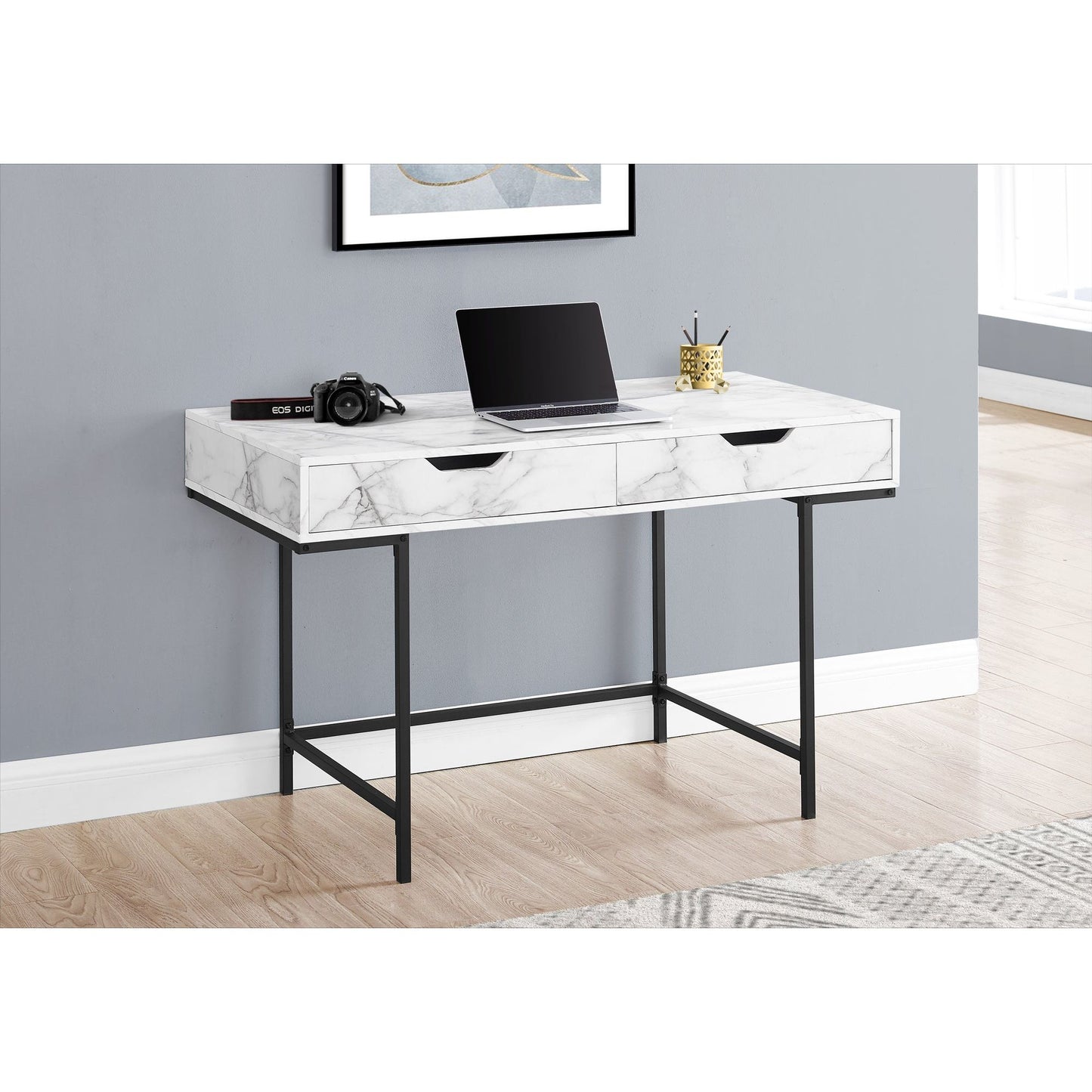 Computer Desk - 48"L / White Marble-Look / Black Metal