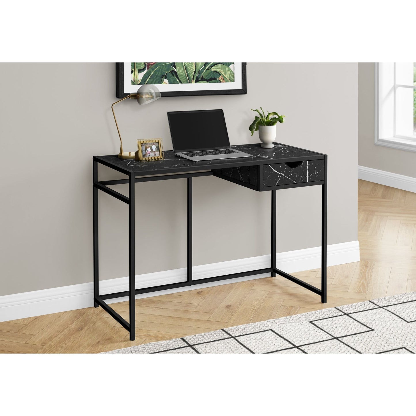 Computer Desk - 42"L / Black Marble-Look / Black Metal